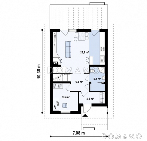 Проект одноэтажного мансардного дома из газобетона с кабинетом и с высокой аттиковой стеной / План 1 этажа Проект одноэтажного мансардного дома из газобетона с кабинетом и с высокой аттиковой стеной / План 1 этажа