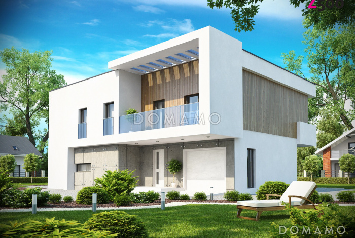 Проект просторного современного двухэтажного дома из кирпича, с пятью комнатами, гаражом и двумя лоджиями