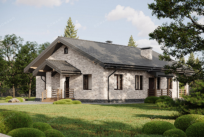 Проект выразительного одноэтажного дома с двухскатной крышей в разных уровнях, большой террасой и вторым светом