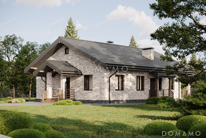 Проект выразительного одноэтажного дома с двухскатной крышей в разных уровнях, большой террасой и вторым светом Проект выразительного одноэтажного дома с двухскатной крышей в разных уровнях, большой террасой и вторым светом