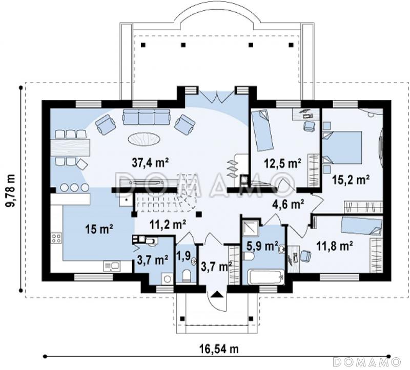 Проект комфортного одноэтажного дома из газобетона с тремя спальнями, просторной гостиной и с возможностью обустройства мансардного этажа / План 1 этажа