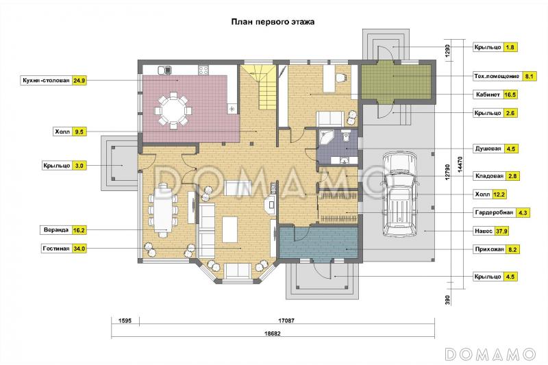 Проект дома из пеноблоков с эркером и балконом / План 1 этажа