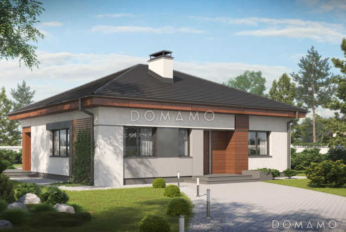 Проект одноэтажного дома из кирпича с тремя спальнями и небольшой крытой угловой террасой