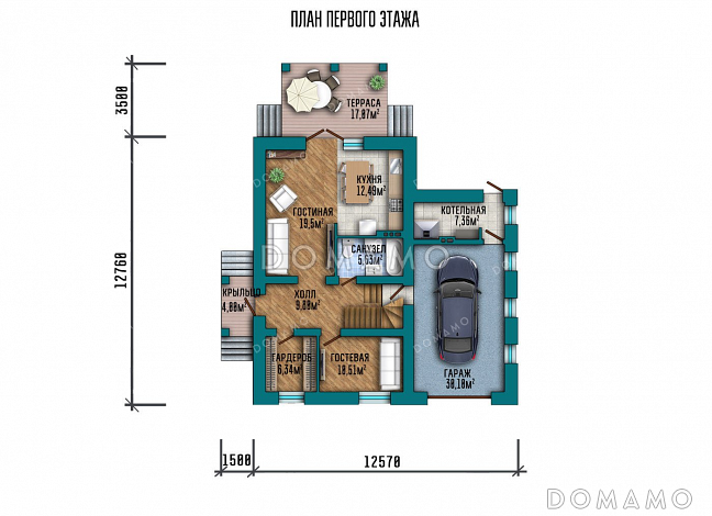 Проект двухэтажного дома с гаражом и террасой / План 1 этажа