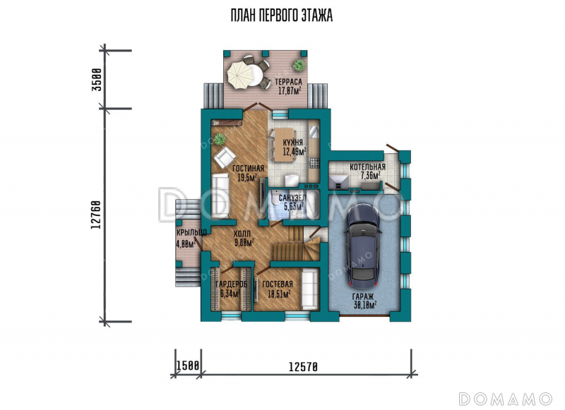 Проект двухэтажного дома с гаражом и террасой / План 1 этажа