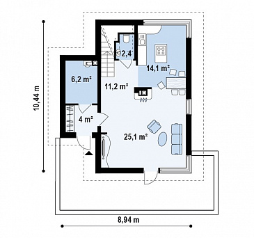 Проект компактного двухэтажного дома из газобетона с тремя спальнями / План 1 этажа Проект компактного двухэтажного дома из газобетона с тремя спальнями / План 1 этажа