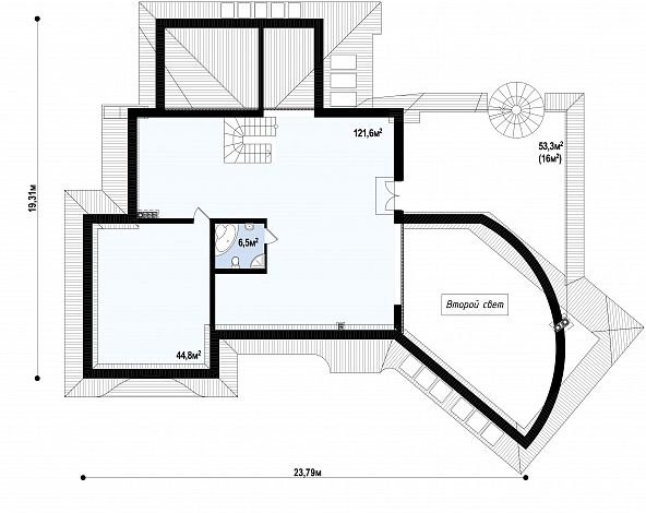 Проект красивого просторного мансардного коттеджа из газобетона с террасой на втором уровне / План мансардного этажа