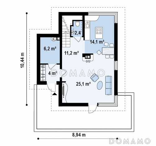 Проект компактного двухэтажного дома из газобетона с тремя спальнями / План 1 этажа Проект компактного двухэтажного дома из газобетона с тремя спальнями / План 1 этажа