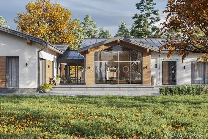 Проект одноэтажного кирпичного дома с четырьмя спальнями, просторной дневной зоной и застекленной террасой с барбекю Проект одноэтажного кирпичного дома с четырьмя спальнями, просторной дневной зоной и застекленной террасой с барбекю