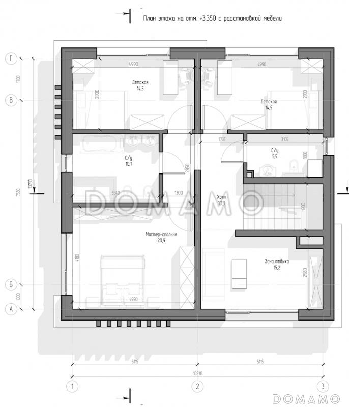 Проект двухэтажного дома с панорамными окнами, кабинетом, 3 спальнями, кухней-гостиной / План 2 этажа Проект двухэтажного дома с панорамными окнами, кабинетом, 3 спальнями, кухней-гостиной / План 2 этажа