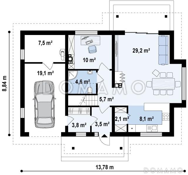 Проект одноэтажного мансардного дома из кирпича с эркером в столовой зоне, кабинетом и со встроенным гаражом / План 1 этажа