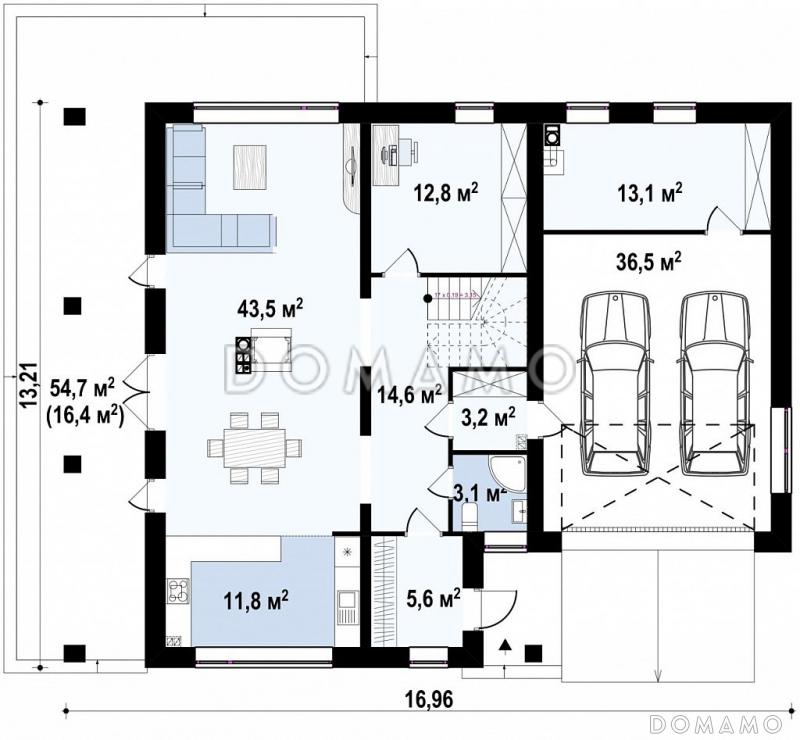Проект современного двухэтажного дома из кирпича с четырьмя спальнями, кабинетом и гаражом / План 1 этажа