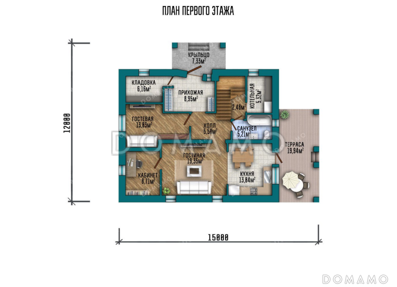 Проект двухэтажного дома с террасой и спортзалом / План 1 этажа