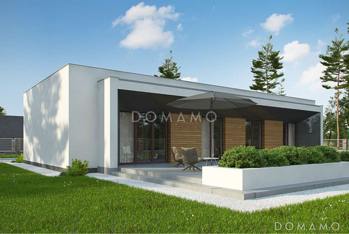 Проект современного одноэтажного углового дома из кирпича с плоской крышей, с тремя спальнями и двухместным гаражом Проект современного одноэтажного углового дома из кирпича с плоской крышей, с тремя спальнями и двухместным гаражом