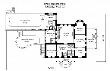 Проект загородного дома с пристроенным задним бассейна из светопрозрачных конструкций / План 1 этажа Проект загородного дома с пристроенным задним бассейна из светопрозрачных конструкций / План 1 этажа