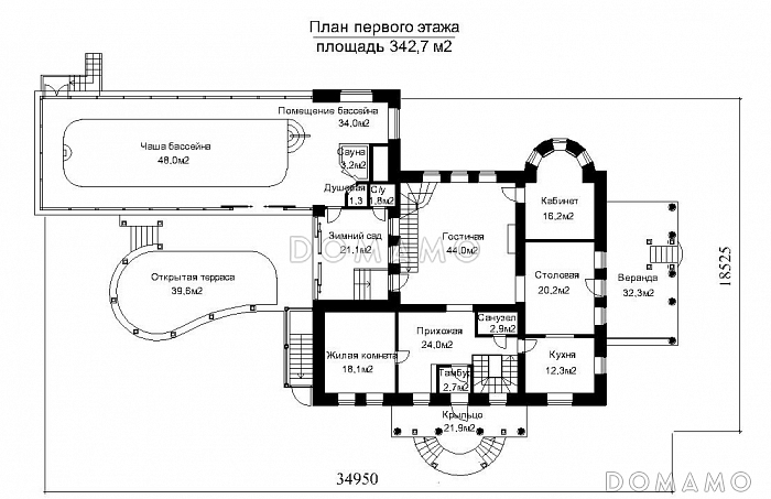 Проект загородного дома с пристроенным задним бассейна из светопрозрачных конструкций / План 1 этажа Проект загородного дома с пристроенным задним бассейна из светопрозрачных конструкций / План 1 этажа
