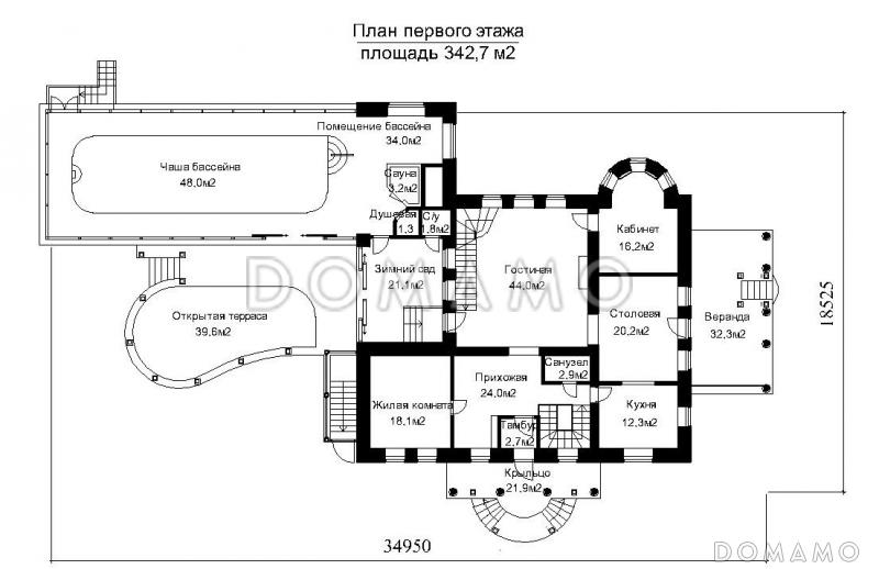Проект загородного дома с пристроенным задним бассейна из светопрозрачных конструкций / План 1 этажа