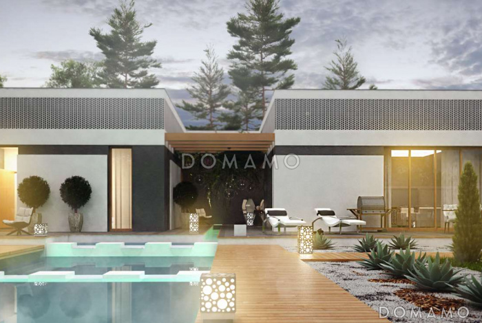 Проект современного одноэтажного дома из кирпича с тремя спальнями, гаражом и внутренним двориком переходящим в открытую террасу Проект современного одноэтажного дома из кирпича с тремя спальнями, гаражом и внутренним двориком переходящим в открытую террасу