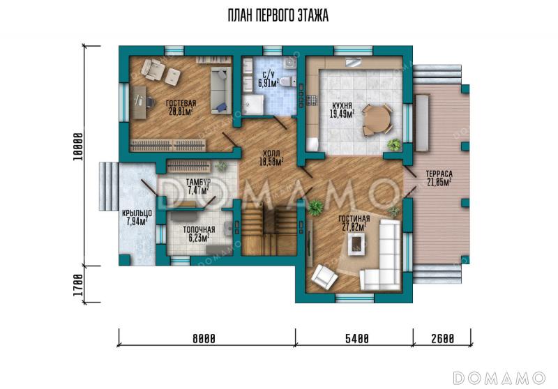 Проект двухэтажного дома с 3 спальнями, кабинетом и гостевой внизу / План 1 этажа