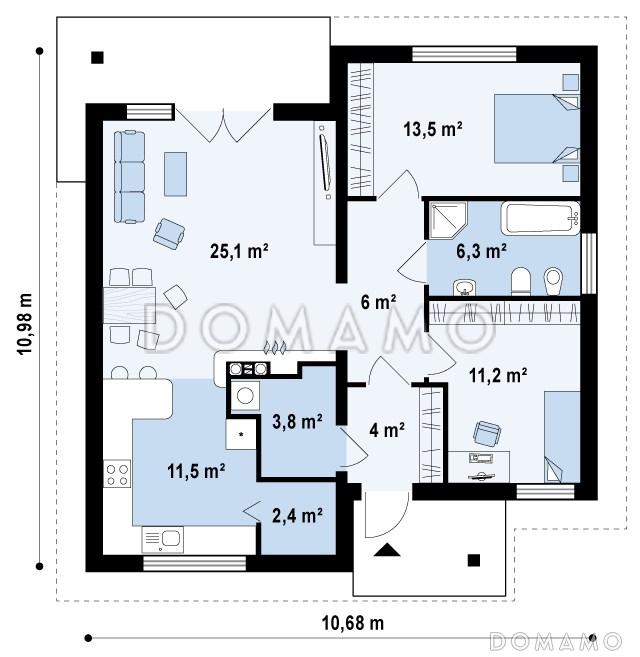 Проект одноэтажного дома из кирпича с двумя спальнями и крытой террасой / План 1 этажа