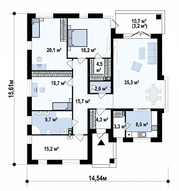 Проект одноэтажного дома функциональной планировки с  большой гостиной и изолированной кухней с кладовой, просторной ванной / План 1 этажа