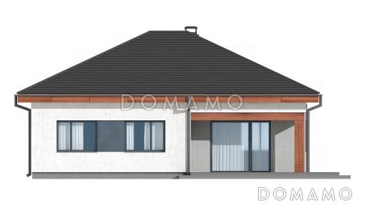 Проект одноэтажного дома из газобетона с тремя спальнями и небольшой крытой угловой террасой, увеличенная версия 273 / Фасад 2