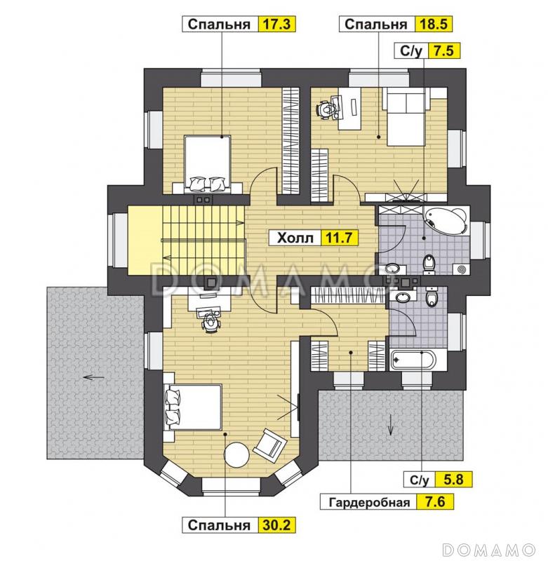 Проект оштукатуренного двухэтажного коттеджа в стиле модерн / План 2 этажа