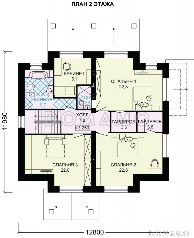 Проект двухэтажного дома из пеноблоков с крытой террасой / План 2 этажа