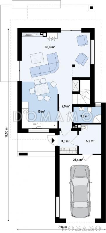 Проект небольшого двухэтажного дома из кирпича с тремя спальнями и балконом, с гаражом / План 1 этажа