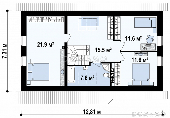 Проект мансардного дома из кирпича с четырьмя спальнями и гаражом / План мансардного этажа