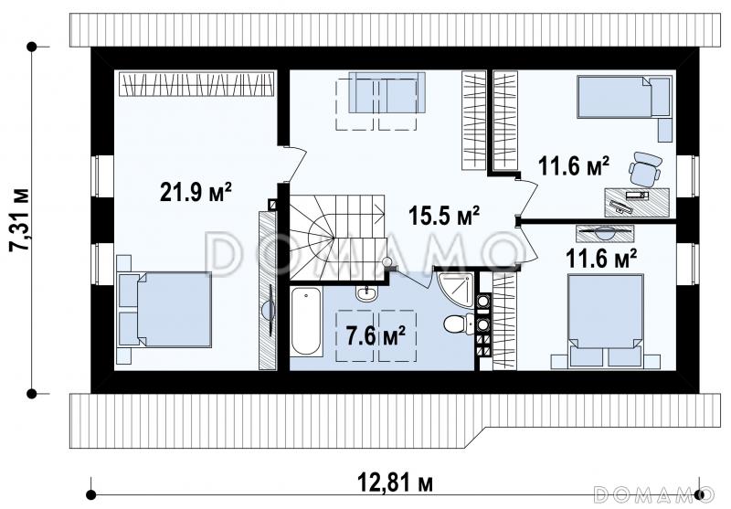 Проект мансардного дома из кирпича с четырьмя спальнями и гаражом / План мансардного этажа