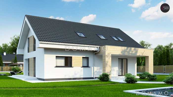 Проект одноэтажного мансардного дома из газобетона с угловой террасой