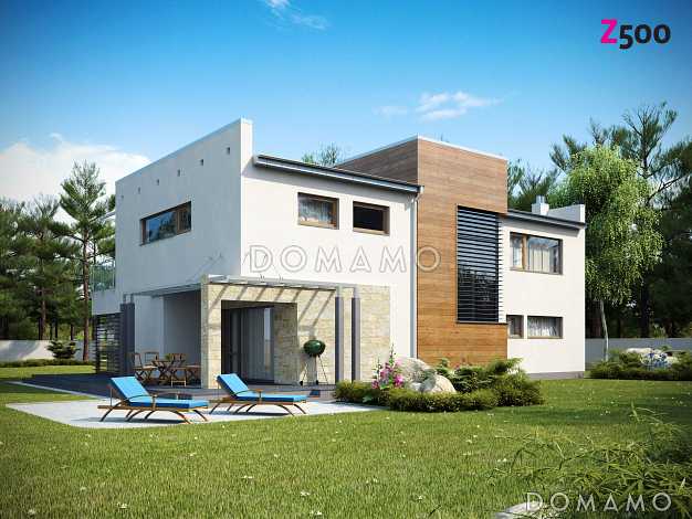 Проект современного двухэтажного дома в стиле хай-тек из кирпича с плоской крышей, гаражом и балконом Проект современного двухэтажного дома в стиле хай-тек из кирпича с плоской крышей, гаражом и балконом