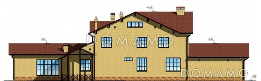 Проект двухэтажного дома с цокольным этажом, бассейном и гаражом на два автомобиля / Фасад 2