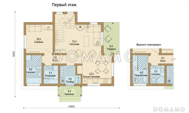 Проект каркасного дома с просторным холлом на мансардном этаже / План 1 этажа
