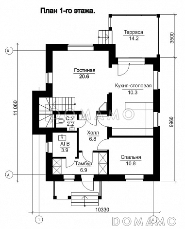 Проект дома из кирпича с мансардным вторым этажом / План 1 этажа Проект дома из кирпича с мансардным вторым этажом / План 1 этажа