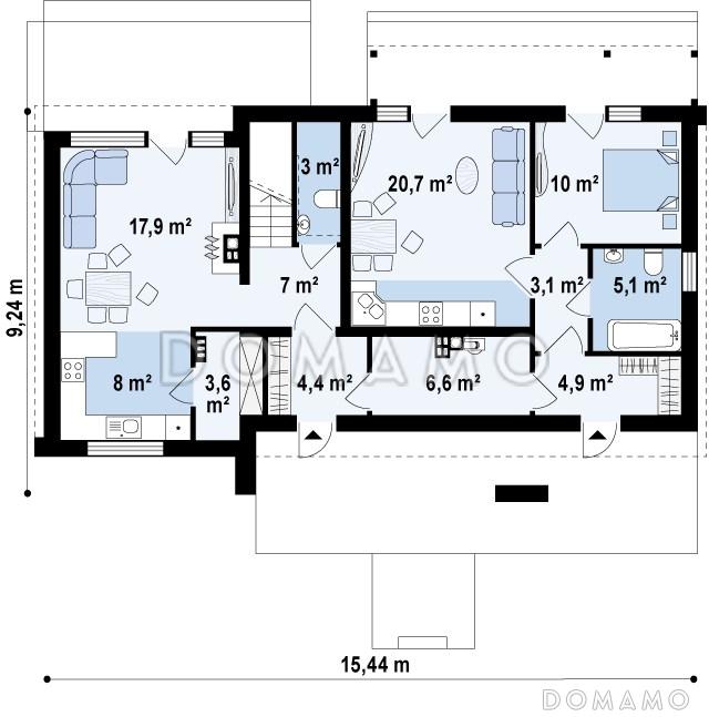 Проект современного одноэтажного мансардного дома из газобетона с общим входом для двух семей / План 1 этажа