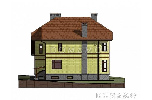 Проект двухэтажного дома с эркером и зимним садом, бильярдной и тренажерным залом на цокольном этаже / Фасад 2