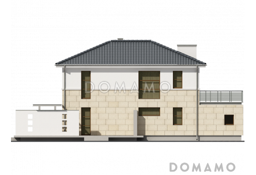 Проект двухэтажного дома из кирпича с гаражом и большой террасой на втором этаже / Фасад 2