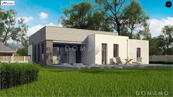 Проект современного одноэтажного дома из кирпича с плоской крышей с тремя спальнями и частично крытой террасой, без гаража