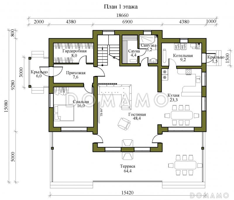 Проект двухэтажного кирпичного дома с просторной террасой, сауной и пятью спальнями / План 1 этажа