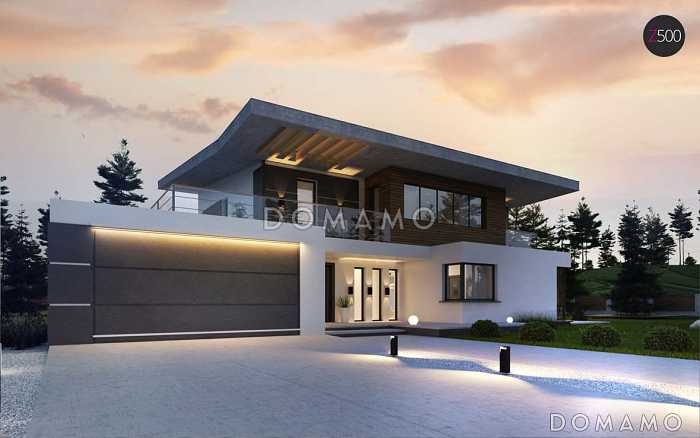 Проект просторного современного двухэтажного дома из кирпича, с пятью комнатами, гаражом и террасой над ним