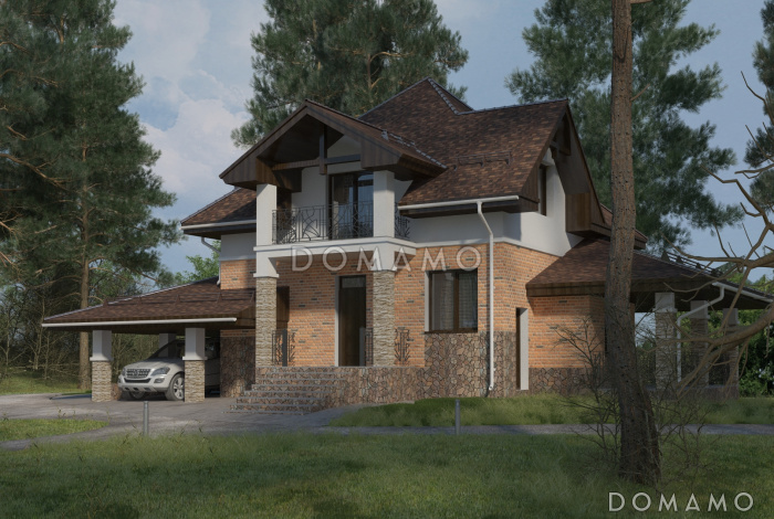 Проект дома с использованием трёх видов отелочных материалов, с навесом для автомобиля и террасой Проект дома с использованием трёх видов отелочных материалов, с навесом для автомобиля и террасой