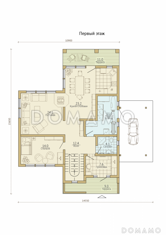 Проект каркасного дома с навесом для машины / План 1 этажа
