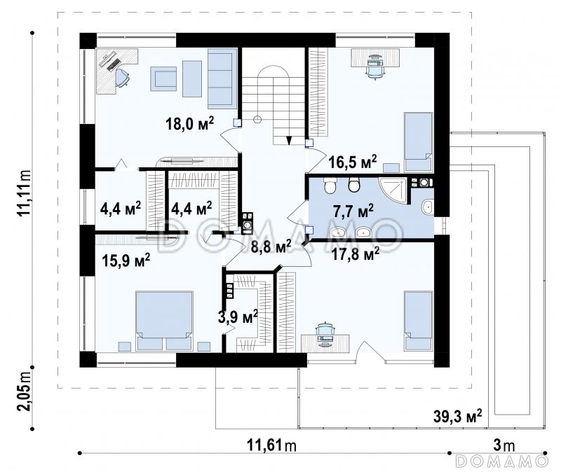 Проект дома для большой семьи с четырьмя спальнями, гаражом и террасой над ним, кухней с кладовой, комнатой отдыха на первом этаже / План 2 этажа