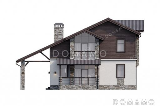 Проект дома с мансардой, светлым панорамным окном на два этажа и навесом для автомобиля / Фасад 1