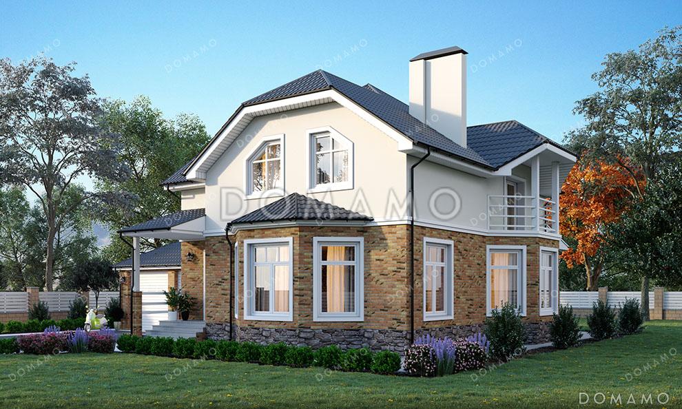 Проект дома с цокольным этажом, тремя спальнями, эркерами и гаражом на 2 машины / 2