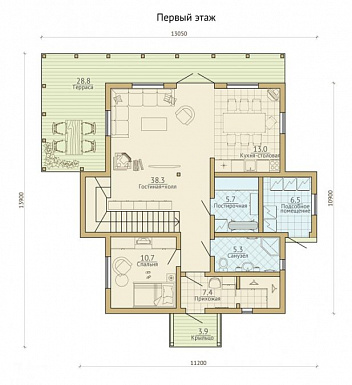 Проект каркасного дома с просторной угловой террасой / План 1 этажа