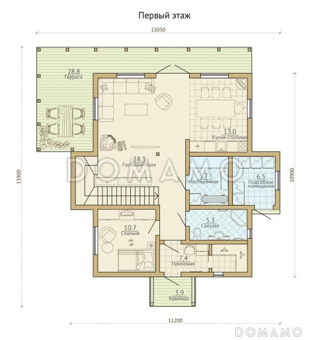 Проект каркасного дома с просторной угловой террасой / План 1 этажа