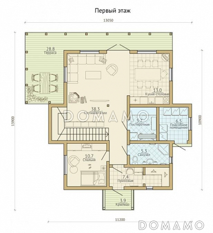 Проект каркасного дома с просторной угловой террасой / План 1 этажа
